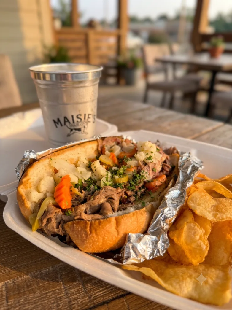 Prime rib sandwich to go with house chips at Maisie&rsquo;s Green Brae in Tega Cay