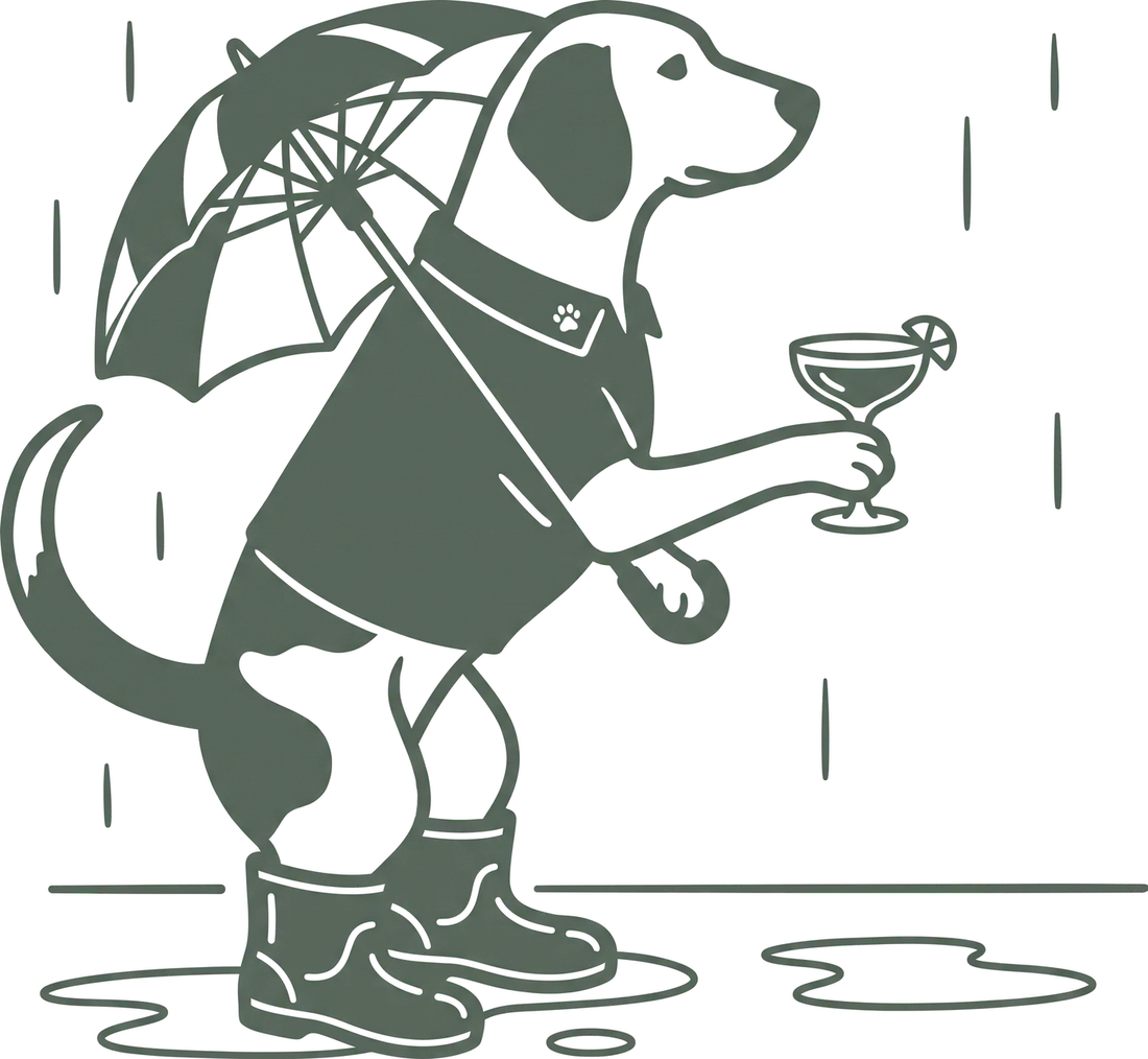 Line drawing of Maisie the foxhound in rain boots, holding an umbrella and a cocktail, standing in a puddle in the rain