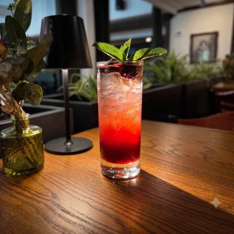 Bonny Refresher mocktail with blackberries, mint, lime, and soda at Maisie’s Green Brae