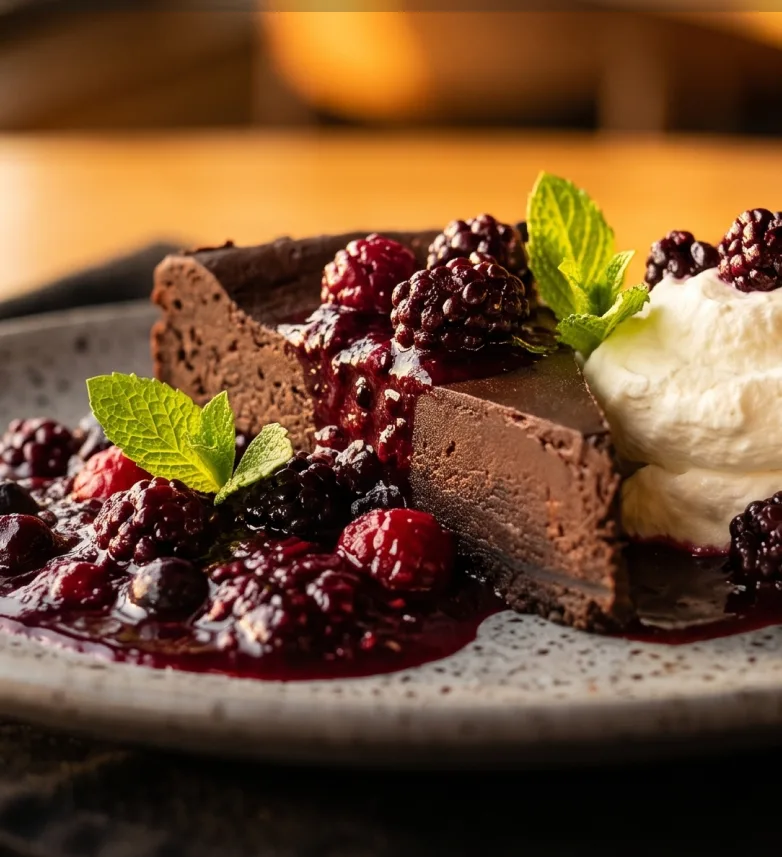 Boozy Berry Torte, a flourless chocolate torte with tequila-infused blackberry and lemon compote at Maisie&rsquo;s Green Brae