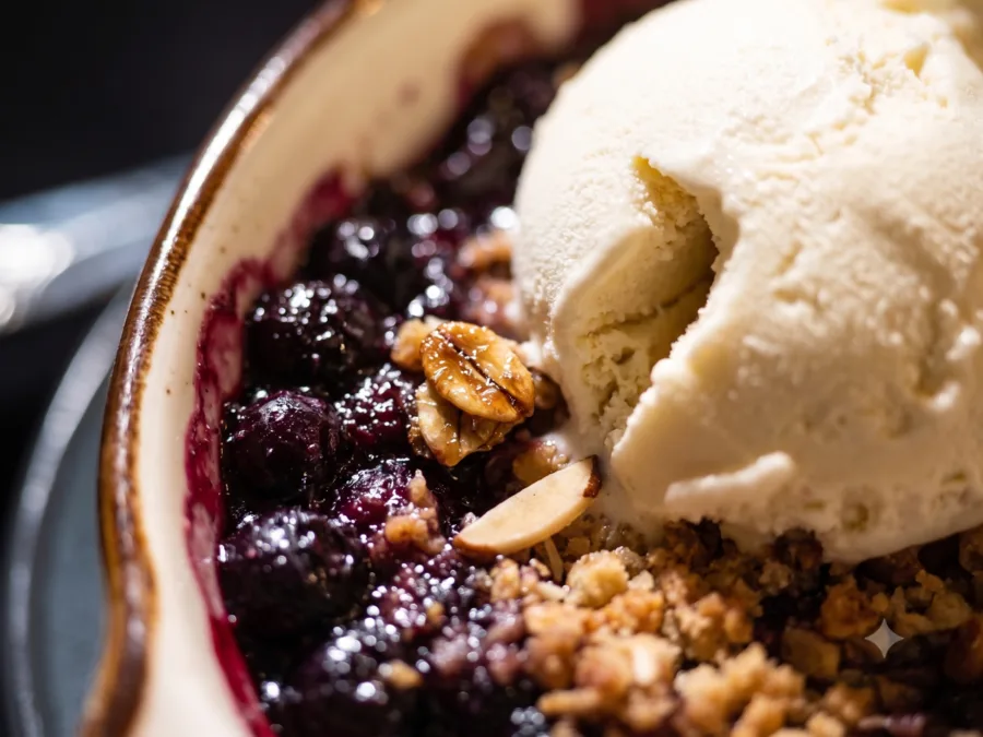 Bramble berry cobbler with mixed berries and oat crumble, served warm with vanilla ice cream at Maisie&rsquo;s Green Brae