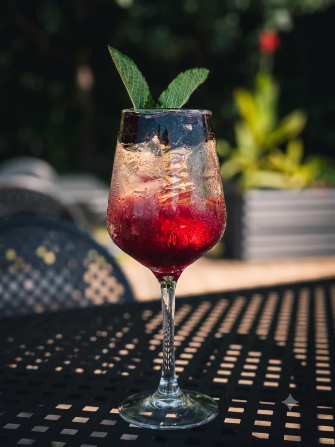 Bramble cocktail with tequila, fresh blackberries, lemon, and prosecco, garnished with mint at Maisie&rsquo;s Green Brae