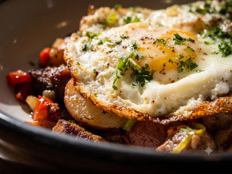 Highland Hash with smoked brisket, red potatoes, peppers, and two eggs over easy at Maisie’s Green Brae