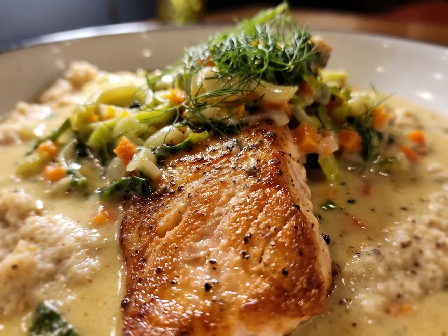 Loch or Lowcountry Grits with Farm & Sparrow grits and a choice of Loch Duart salmon or grilled shrimp at Maisie’s Green Brae