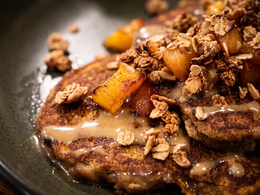 Sweet potato and oat pancakes with grilled peaches and Maisie’s almond granola at Maisie’s Green Brae