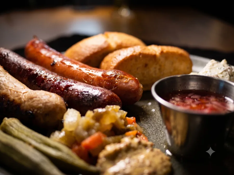 Butcher&rsquo;s board with assorted smoked, braised, and grilled bangers, pickled okra, giardiniera, and yeast rolls at Maisie&rsquo;s Green Brae