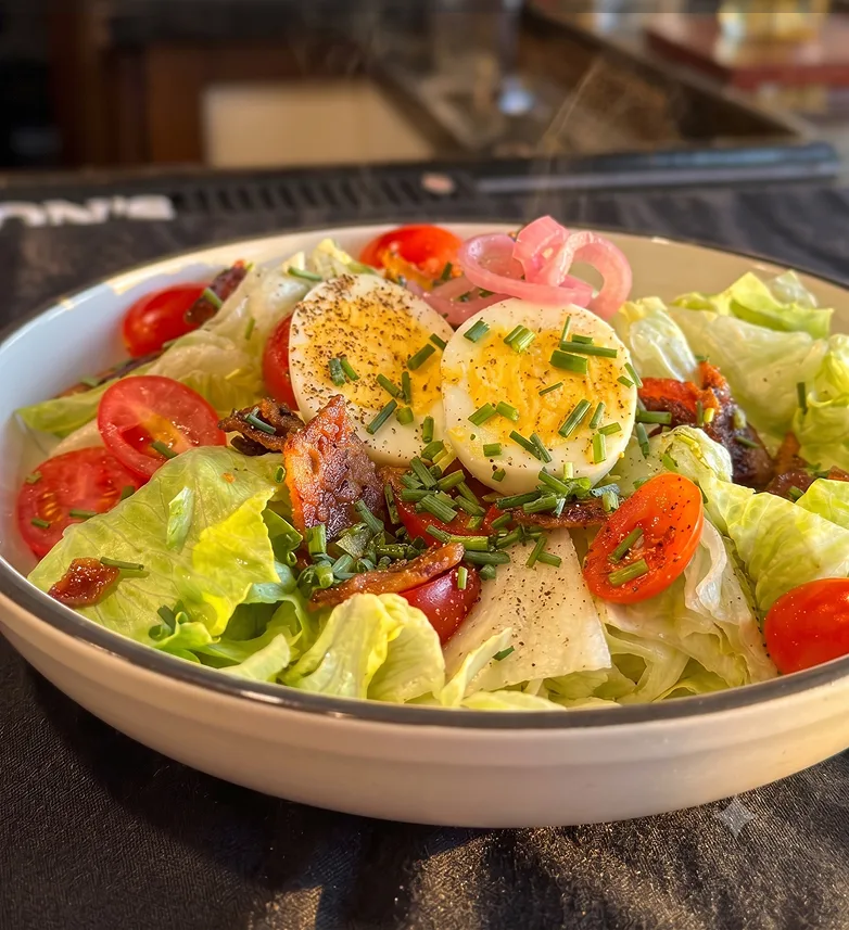 Crisp iceberg salad with candied bacon, pickled onion, tomato, hard-boiled egg, and blue cheese dressing at Maisie&rsquo;s Green Brae