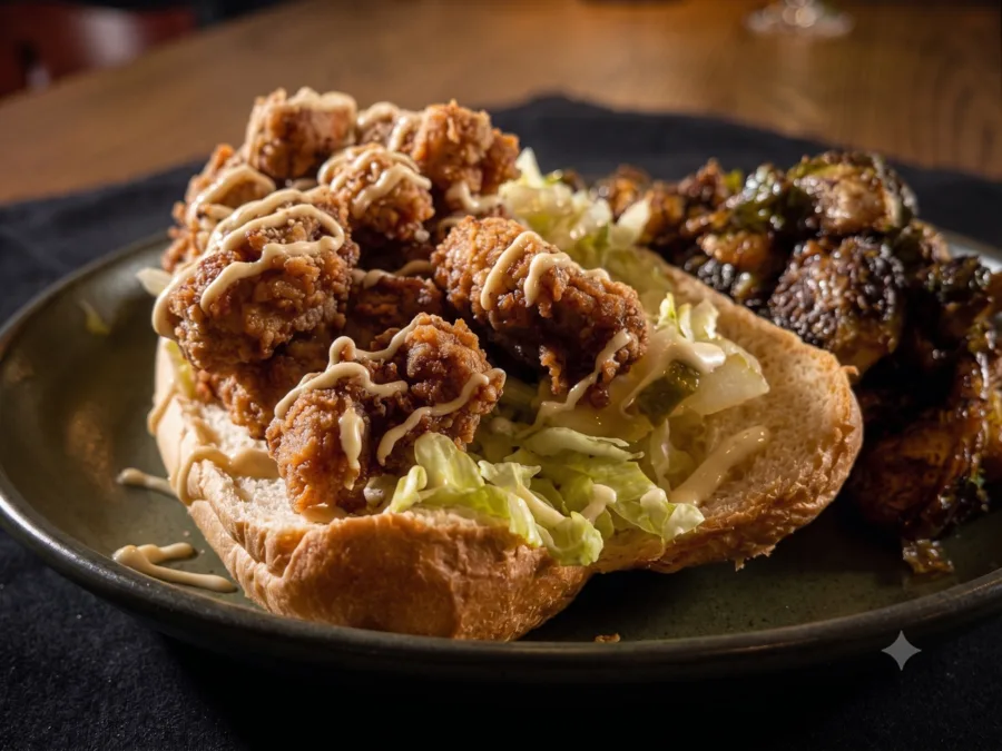 The Po&rsquo;Boy with fried oysters, mayo, lettuce, pickles, and tomato at Maisie&rsquo;s Green Brae