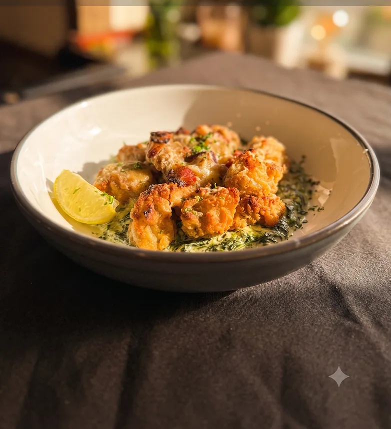 Fried oysters Rockefeller with creamed spinach, bacon, and Gruy&egrave;re gratin and a lemon wedge at Maisie&rsquo;s Green Brae