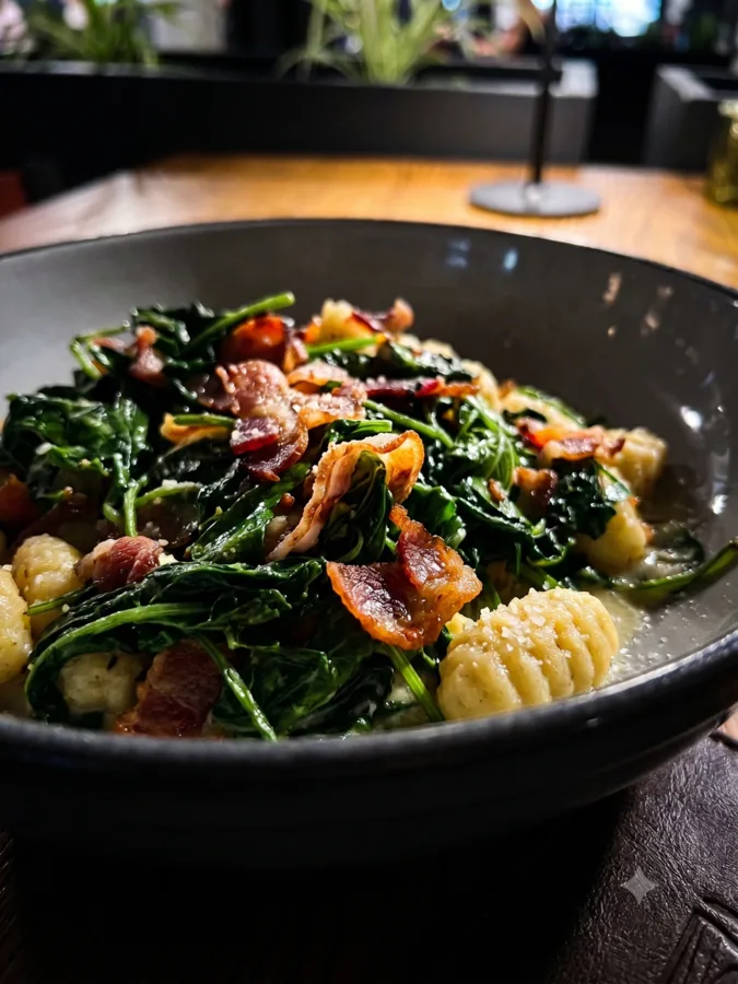 Gnocchi with wilted greens, bacon, and smoked gouda cream at Maisie&rsquo;s Green Brae