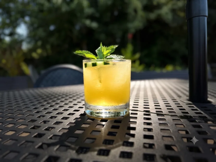 Good Day Tega Cay cocktail with rum, mango, lime, and fresh cucumber, garnished with mint at Maisie&rsquo;s Green Brae