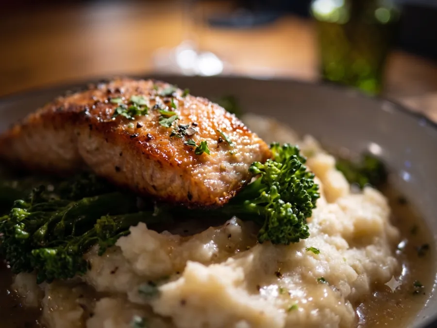 Loch Duart Scottish salmon with brown sugar spice rub, grilled broccolini, and neeps and tatties at Maisie&rsquo;s Green Brae