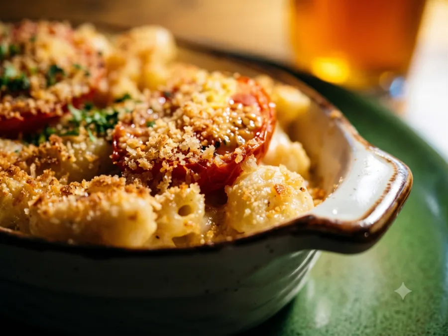 Mac and cheese with three-cheese mornay, smoked tomatoes, and brown butter breadcrumbs at Maisie&rsquo;s Green Brae