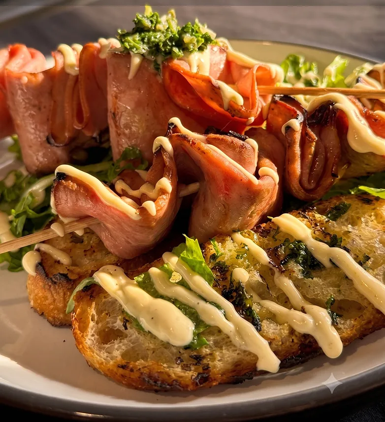 Mortadella skewers with grilled bread, arugula, garlic aioli, and salsa verde at Maisie&rsquo;s Green Brae