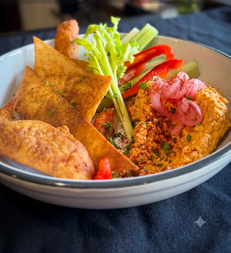 &lsquo;Pub&rsquo;mento cheese dip with smoked gouda, pimentos, and Scotch ale, served with crudit&eacute; and crispy flatbread at Maisie&rsquo;s Green Brae
