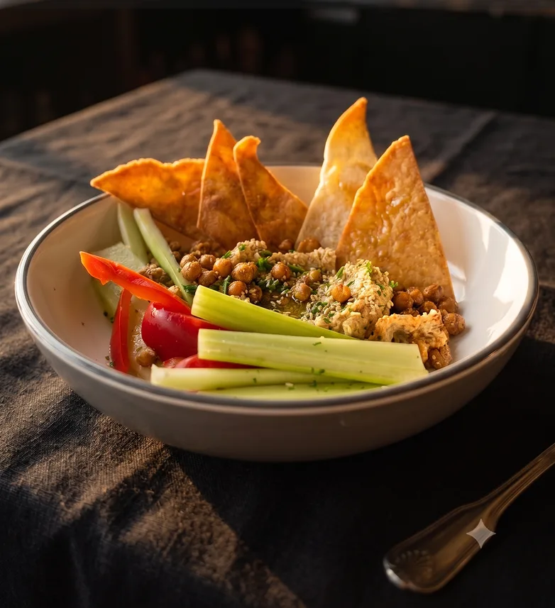 Roasted cauliflower hummus with chickpeas, tahini, and sesame, served with vegetables and crispy flatbread at Maisie&rsquo;s Green Brae