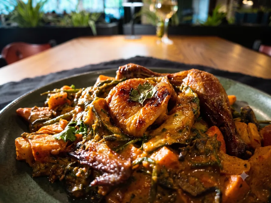Roasted half chicken in coconut curry with vegetables and potatoes at Maisie&rsquo;s Green Brae