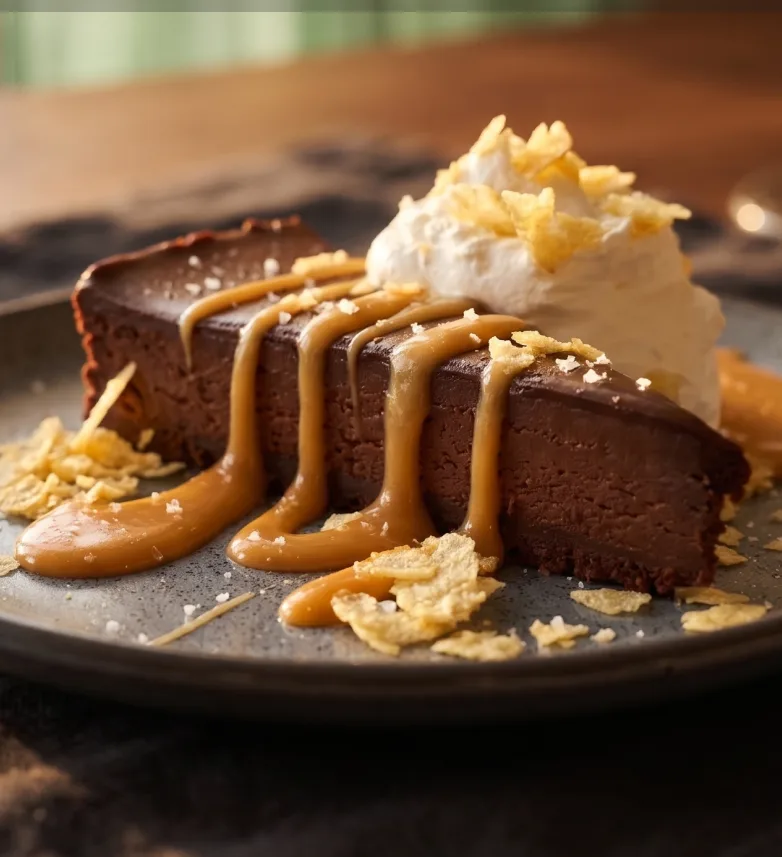 Scotchie Torte, a flourless chocolate torte with whisky butterscotch, crushed chips, and sea salt at Maisie&rsquo;s Green Brae
