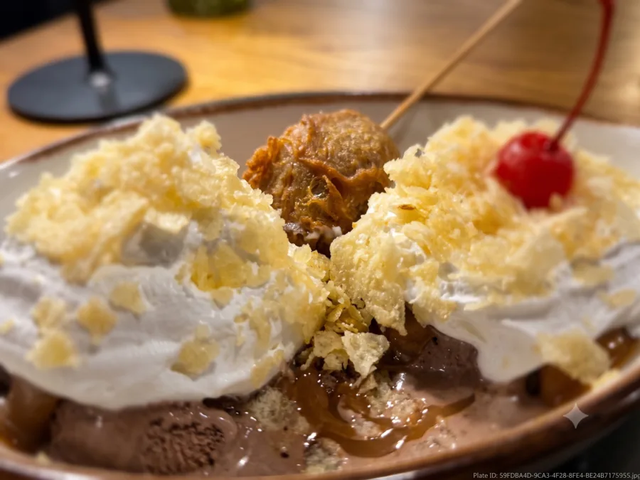Scottish Sundae with chocolate ice cream, whisky butterscotch, whipped cream, and fried nougat bar at Maisie&rsquo;s Green Brae