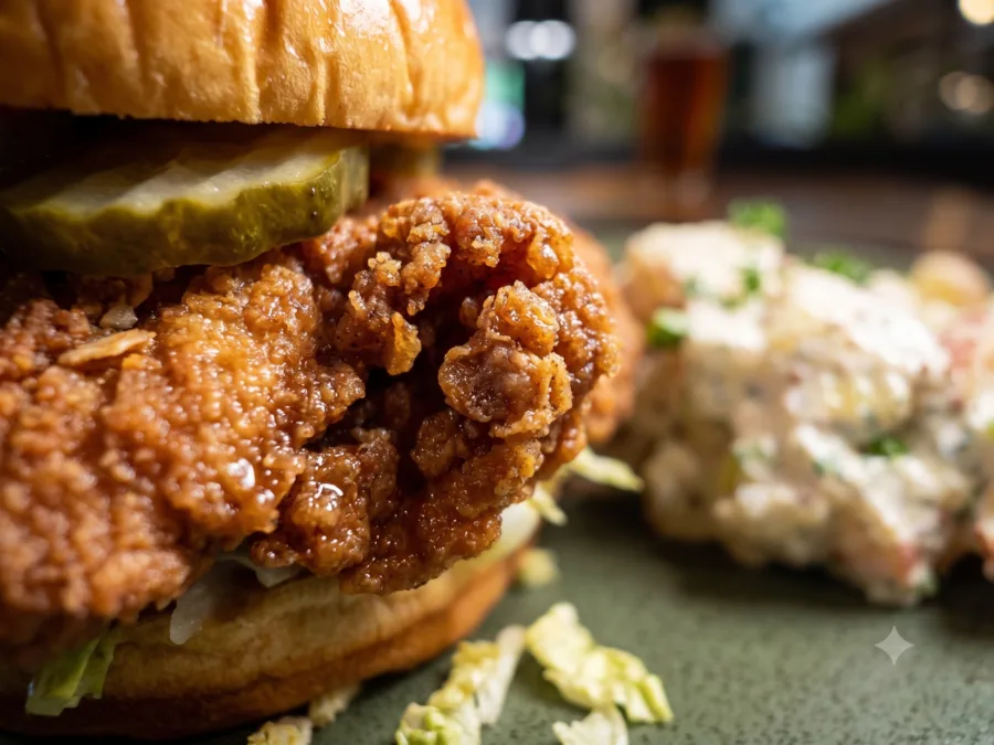 Skirlie chicken sandwich with oatmeal-breaded fried chicken, garlic aioli, shredded cabbage, and dill pickles at Maisie&rsquo;s Green Brae
