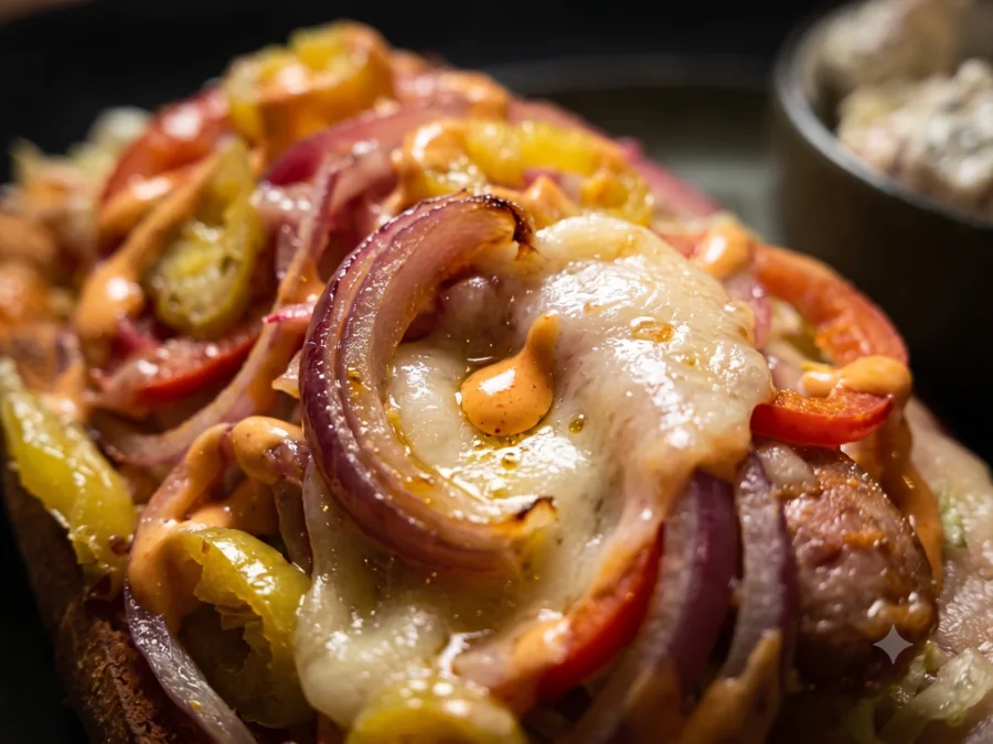 Spicy hot grinder with salami, mortadella, ham, banana peppers, and melted provolone on an Amoroso roll, served with house chips at Maisie&rsquo;s Green Brae