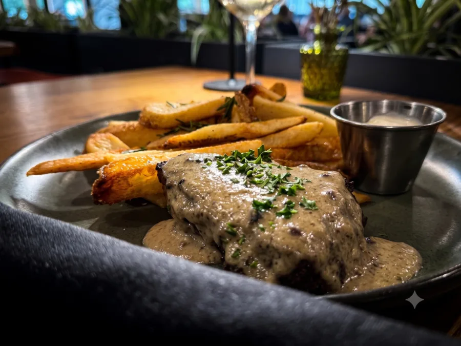 Steak frites with grilled sirloin, whisky peppercorn cream, and rosemary fries at Maisie&rsquo;s Green Brae