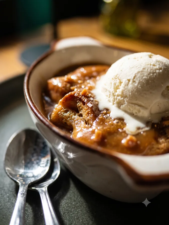 Sticky toffee bread pudding with date custard, warm whisky toffee sauce, and vanilla ice cream at Maisie&rsquo;s Green Brae