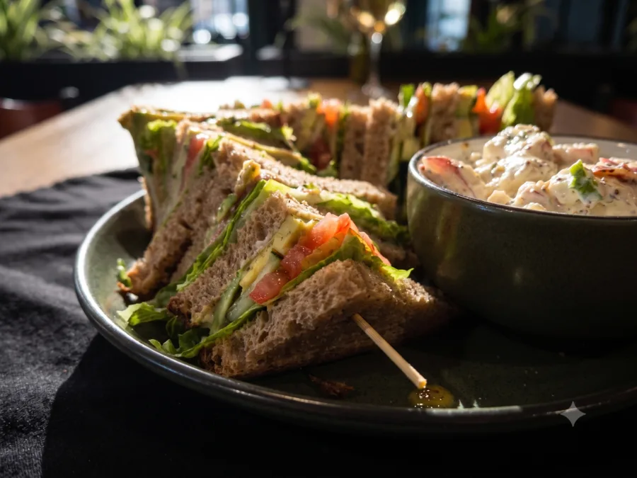 Veggie club on seeded whole wheat with lettuce, tomato, cucumber, avocado, and egg-free mayo at Maisie&rsquo;s Green Brae