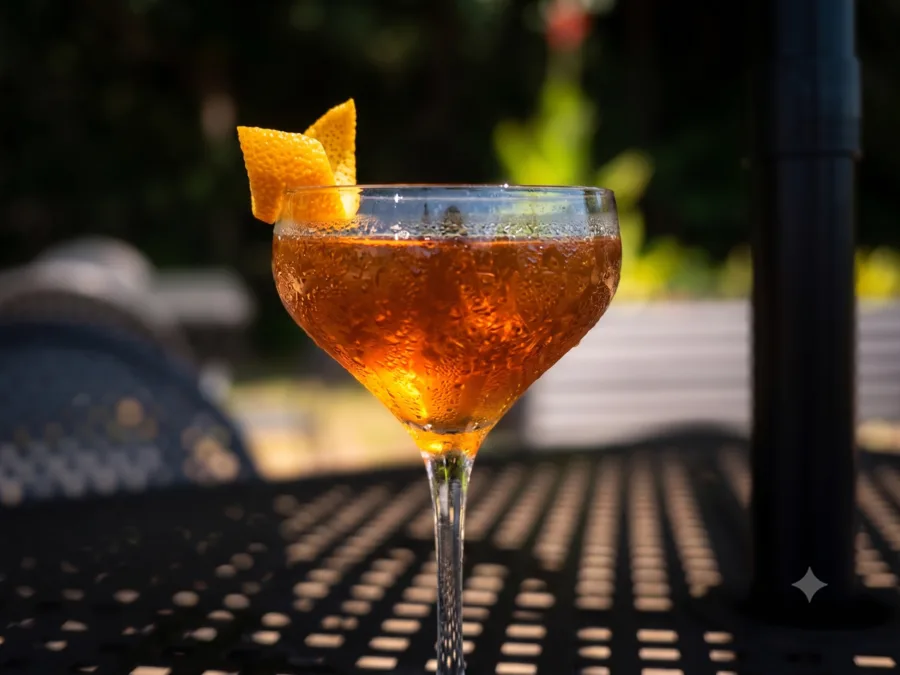 Warwick cocktail with bourbon, sweet vermouth, rosemary, citrus, and bitters, garnished with orange peel at Maisie&rsquo;s Green Brae