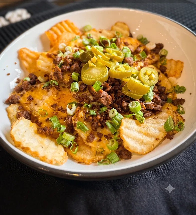 Whisky pub chips with sausage crumble, whisky cheddar sauce, scallion, and pickled jalape&ntilde;o at Maisie&rsquo;s Green Brae in Tega Cay