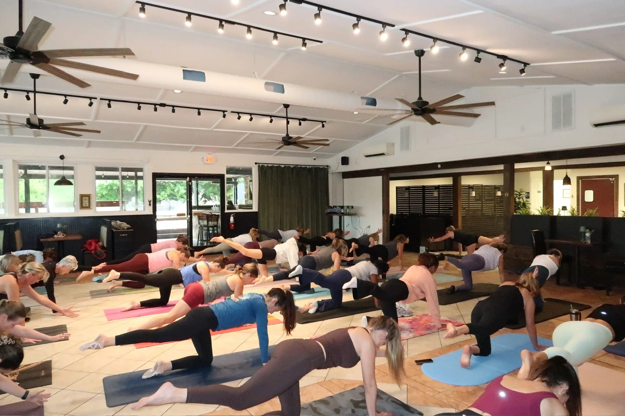The class mid-session, the whole room stretched into a single shape