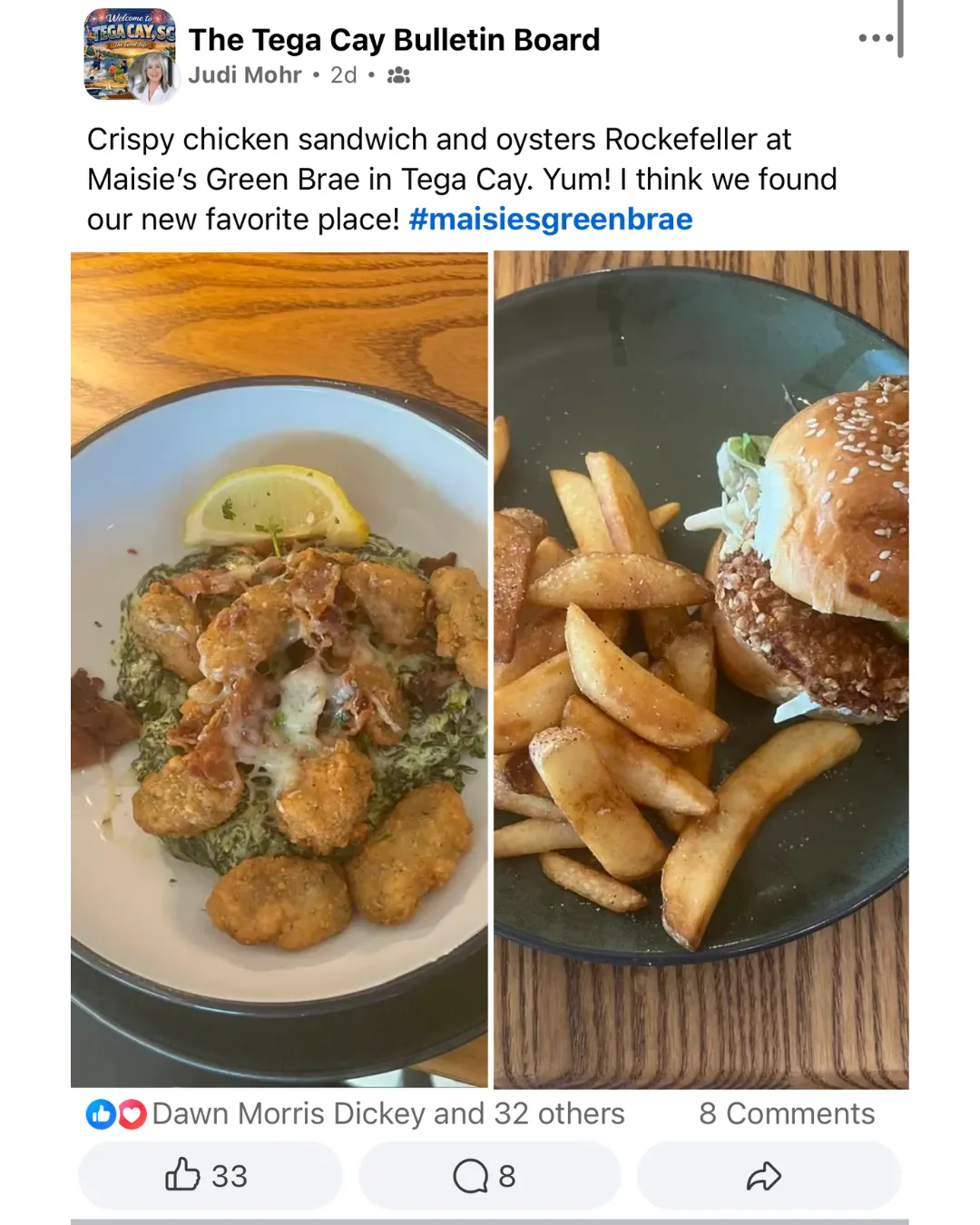 Judi Mohr review of the crispy chicken sandwich and oysters Rockefeller at Maisie's Green Brae