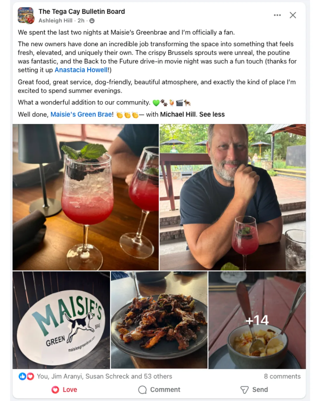 Ashleigh Hill review praising the transformed space, crispy Brussels sprouts, poutine, and dog-friendly atmosphere