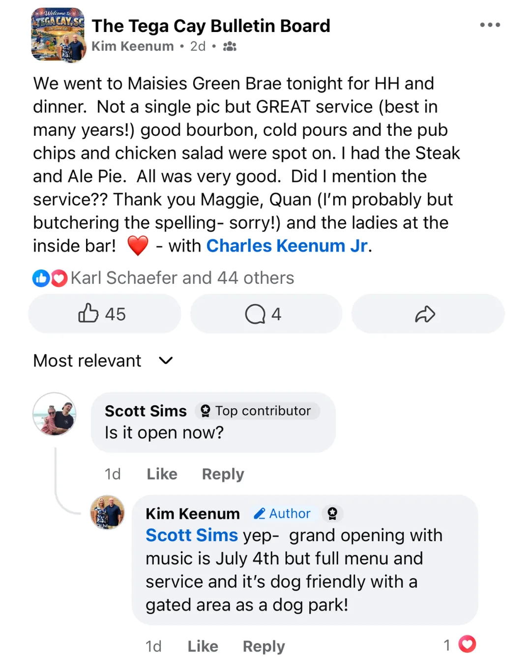 Kim Keenum review praising the service, bourbon, pub chips, chicken salad, and Steak and Ale Pie