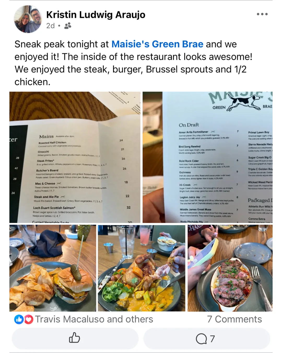 Kristin Ludwig Araujo review of Maisie's Green Brae: the inside looks awesome, enjoyed the steak, burger, Brussels sprouts, and half chicken