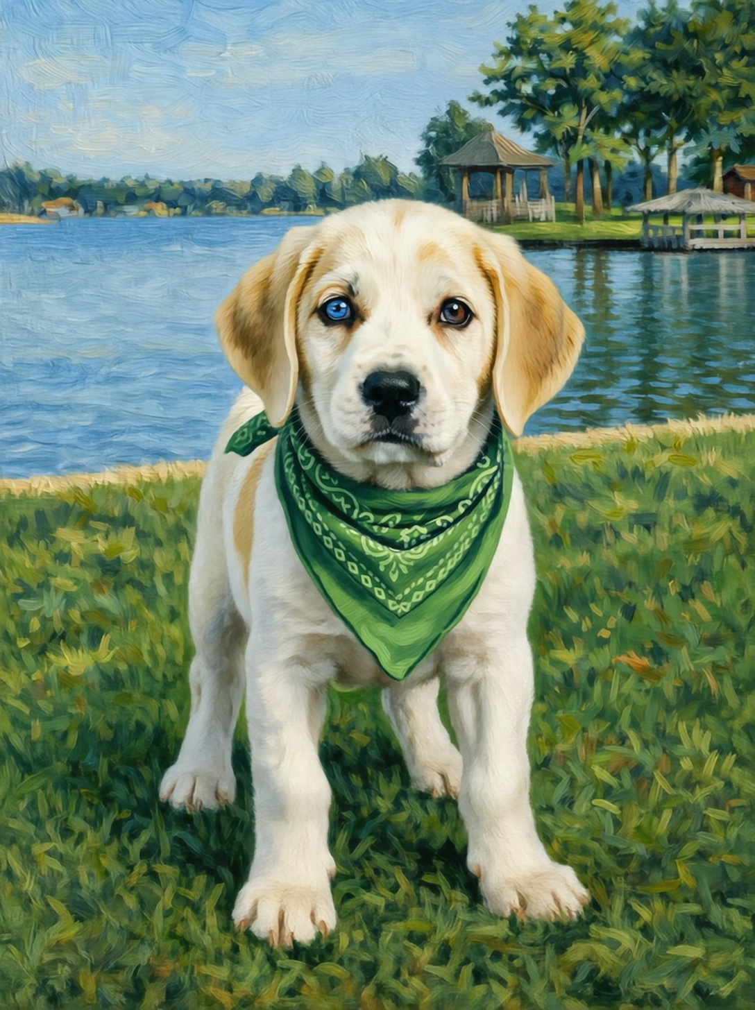 Maisie the one-eyed foxhound on the shores of Lake Wylie